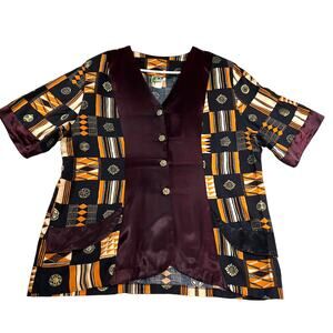 FAD Button Blouse Shirt Woman's 3X-Large Made In USA Shoulder Pads Rich Coloring